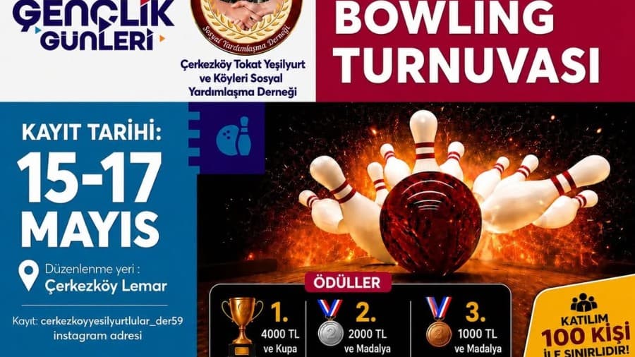 ÇERKEZKÖY TOKAT YEŞİLYURT VE KÖYLERİ SOSYAL YARDIMLAŞMA DERNEĞİ’NDEN 19 MAYIS’DA GENÇLERE BAYRAM ŞENLİĞİ GENÇLERE ÖZEL BOWLİNG ÖDÜLLÜ ETKİNLİK! 🎳